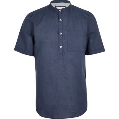 Blue linen-rich grandad collar shirt